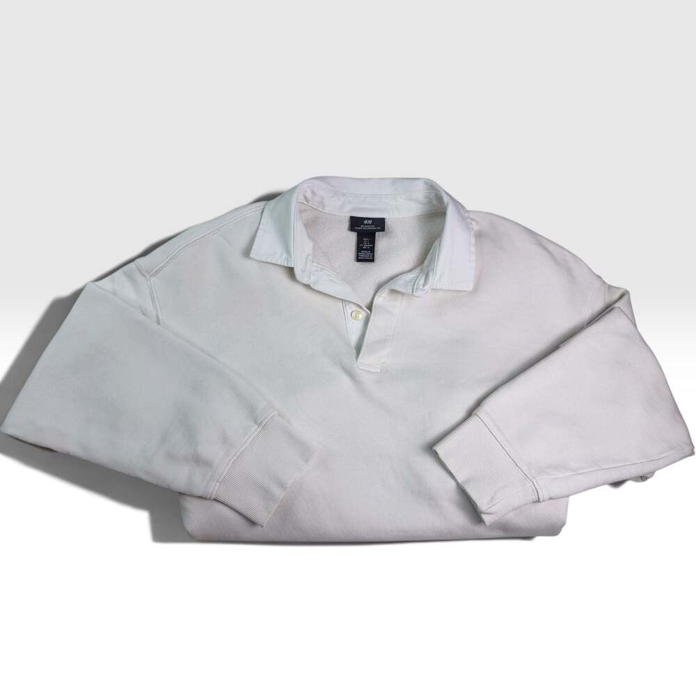 White H&M Relaxed Fit Cotton Rugby Polo Sweatshirt Size L